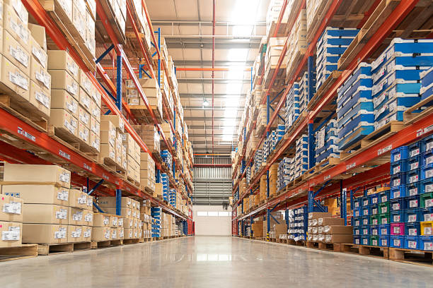 Warehouse storage racks with boxed inventory